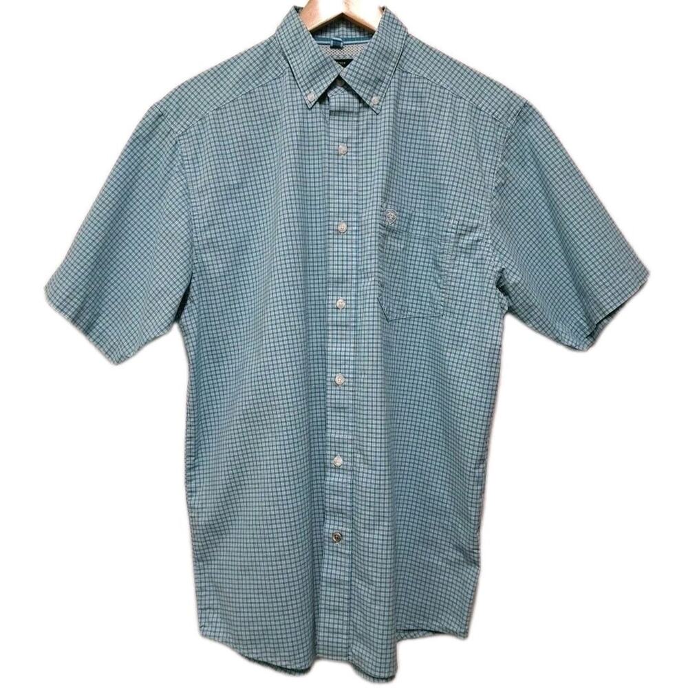 Ariat Shirt Mens Medium M Blue Plaid Pro Series Short Sleeve Button Down Western